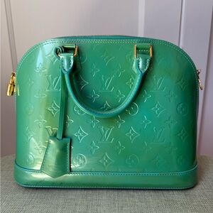 Louis Vuitton Green Satchel with Monogram Embossing and Gold Hardware